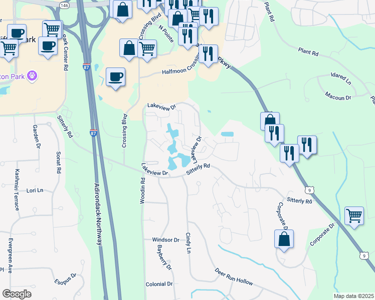 map of restaurants, bars, coffee shops, grocery stores, and more near 99 Overlook Pass in Clifton Park Center