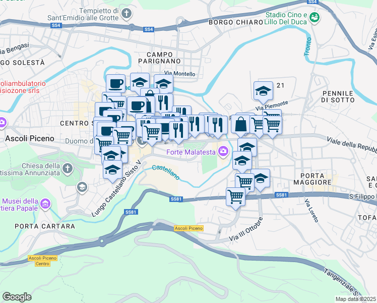 map of restaurants, bars, coffee shops, grocery stores, and more near 35 Via Candido Augusto Vecchi in Ascoli Piceno