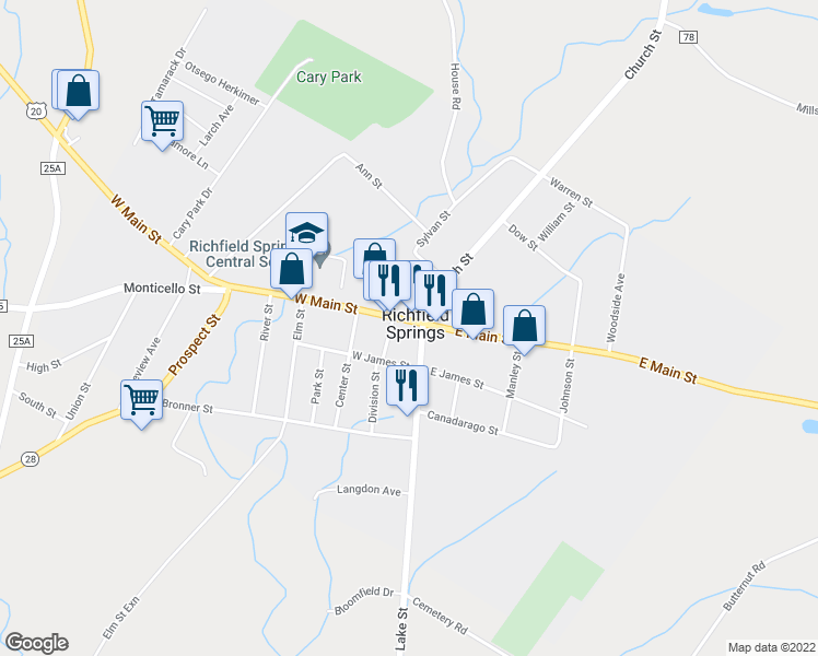 map of restaurants, bars, coffee shops, grocery stores, and more near 138 West Main Street in Richfield Springs
