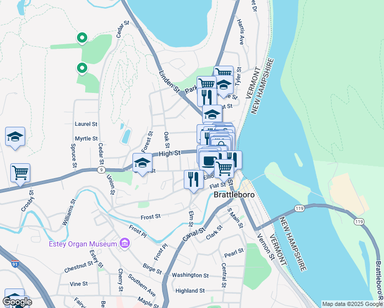 map of restaurants, bars, coffee shops, grocery stores, and more near 62 Vermont 9 in Brattleboro