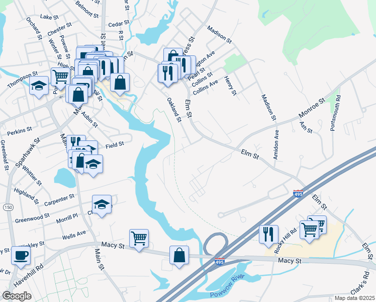 map of restaurants, bars, coffee shops, grocery stores, and more near 7 Oak Street in Amesbury