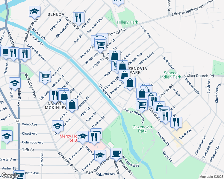 map of restaurants, bars, coffee shops, grocery stores, and more near 66 Kingston Place in Buffalo