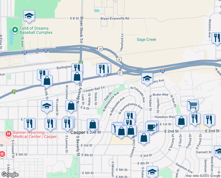 map of restaurants, bars, coffee shops, grocery stores, and more near 2462 Dale Drive in Casper
