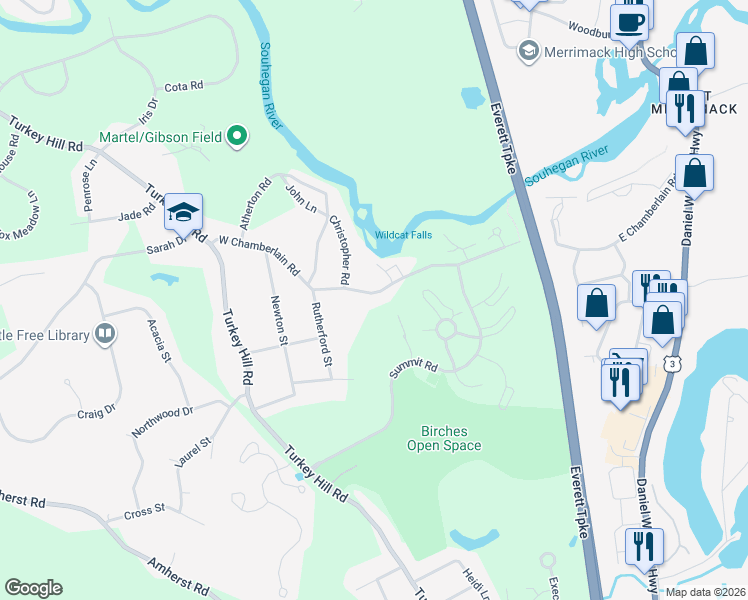 map of restaurants, bars, coffee shops, grocery stores, and more near 25 West Chamberlain Road in Merrimack