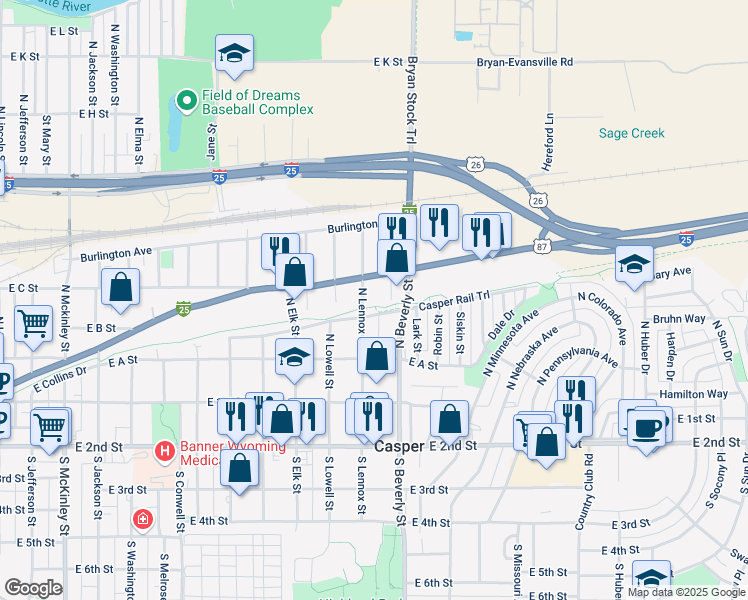 map of restaurants, bars, coffee shops, grocery stores, and more near 351 North Lennox Street in Casper