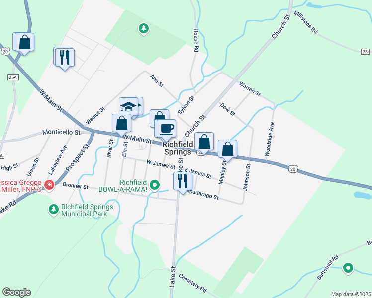 map of restaurants, bars, coffee shops, grocery stores, and more near 72 East Main Street in Richfield