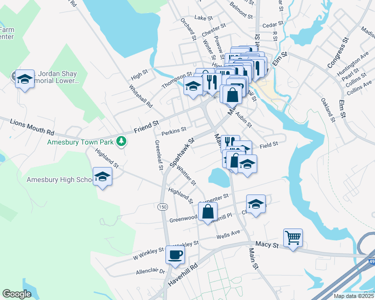 map of restaurants, bars, coffee shops, grocery stores, and more near 32 Sparhawk Street in Amesbury
