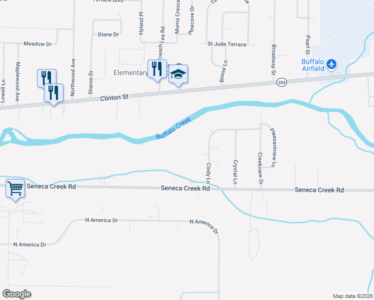 map of restaurants, bars, coffee shops, grocery stores, and more near 604 Seneca Creek Road in Buffalo