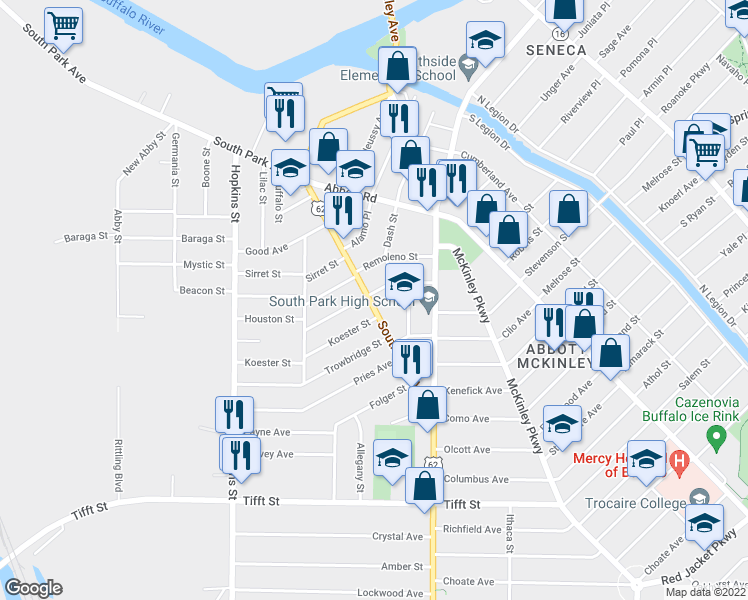 map of restaurants, bars, coffee shops, grocery stores, and more near 89 Macamley Street in Buffalo