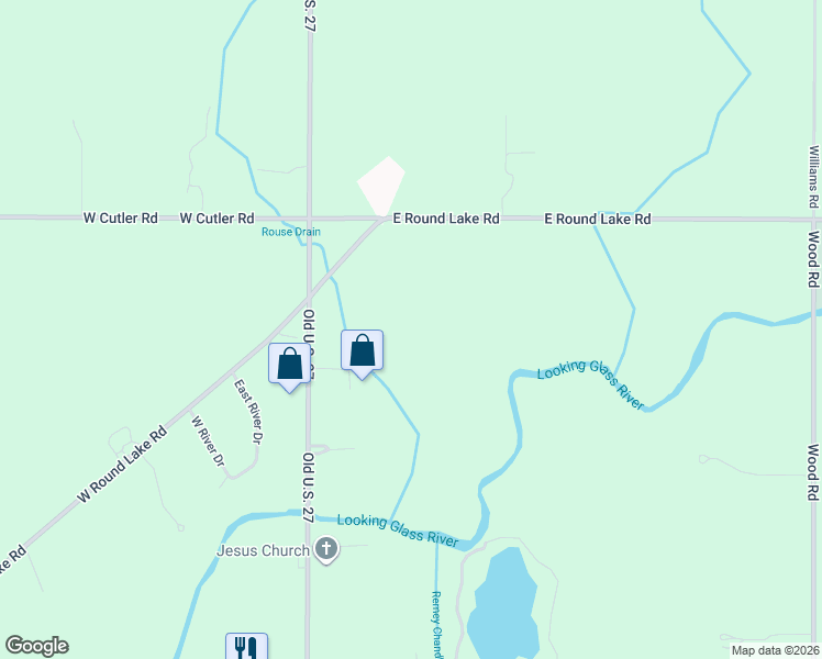 map of restaurants, bars, coffee shops, grocery stores, and more near 1300 East Round Lake Road in DeWitt