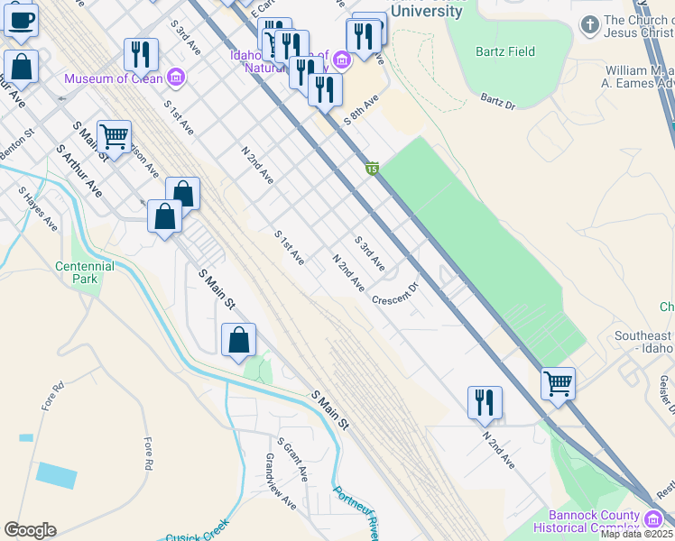 map of restaurants, bars, coffee shops, grocery stores, and more near 1545 South 2nd Avenue in Pocatello