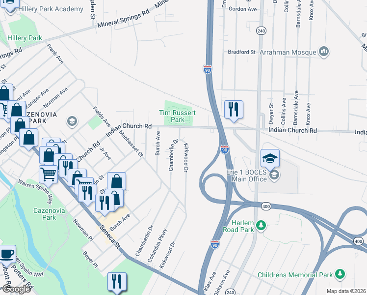 map of restaurants, bars, coffee shops, grocery stores, and more near 302 Kirkwood Drive in Buffalo