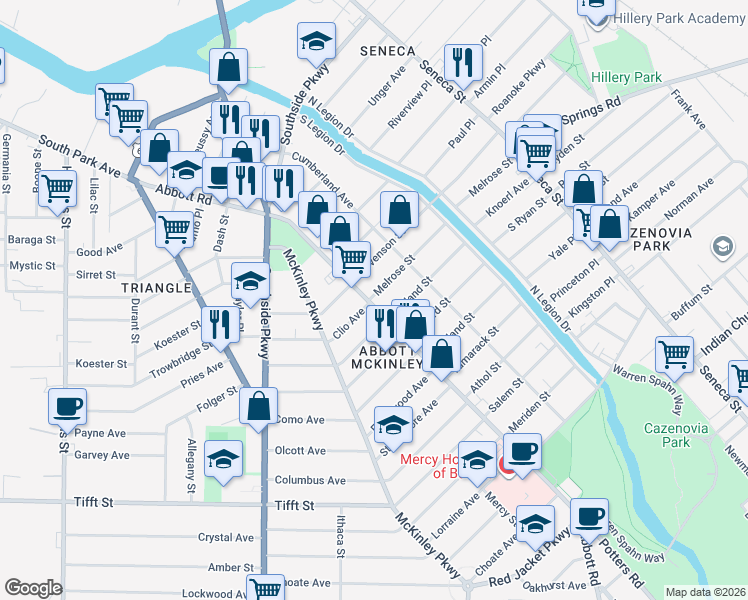 map of restaurants, bars, coffee shops, grocery stores, and more near 1 Melrose Street in Buffalo