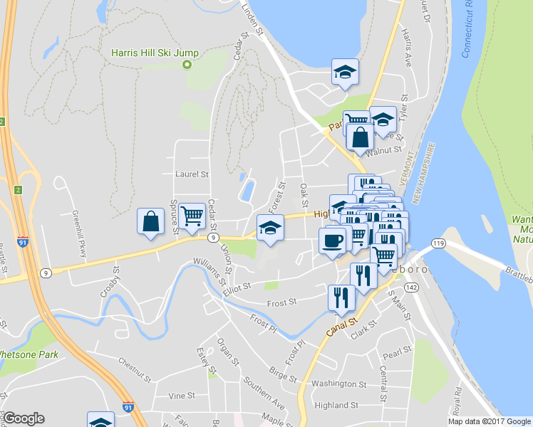 map of restaurants, bars, coffee shops, grocery stores, and more near 16 Forest Street in Brattleboro
