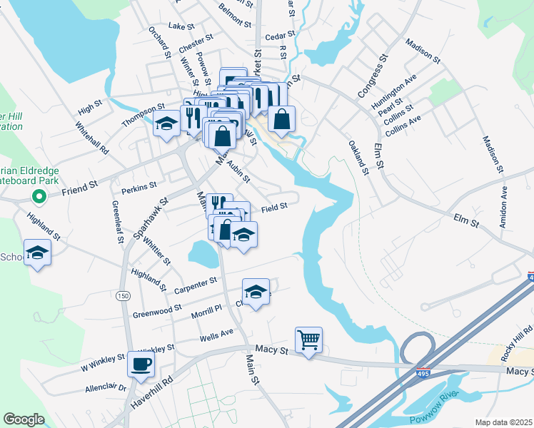 map of restaurants, bars, coffee shops, grocery stores, and more near 19 Field Street in Amesbury