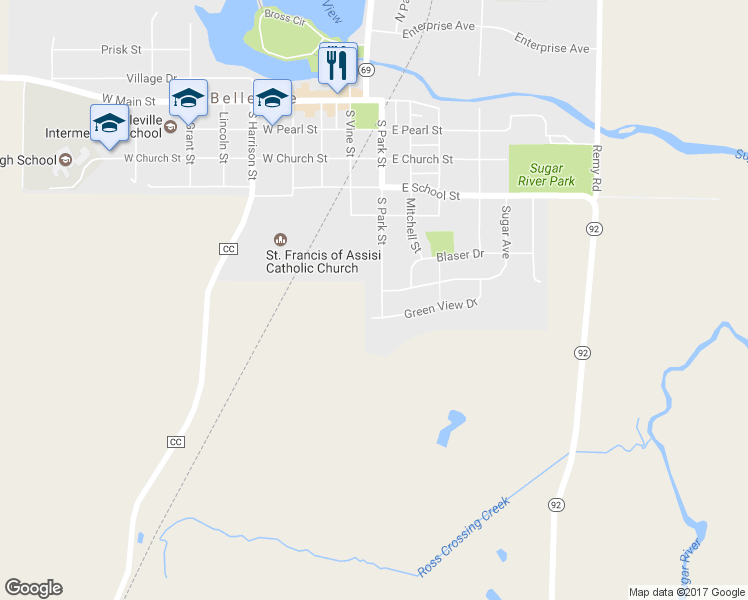 map of restaurants, bars, coffee shops, grocery stores, and more near 525 South Park Street in Belleville