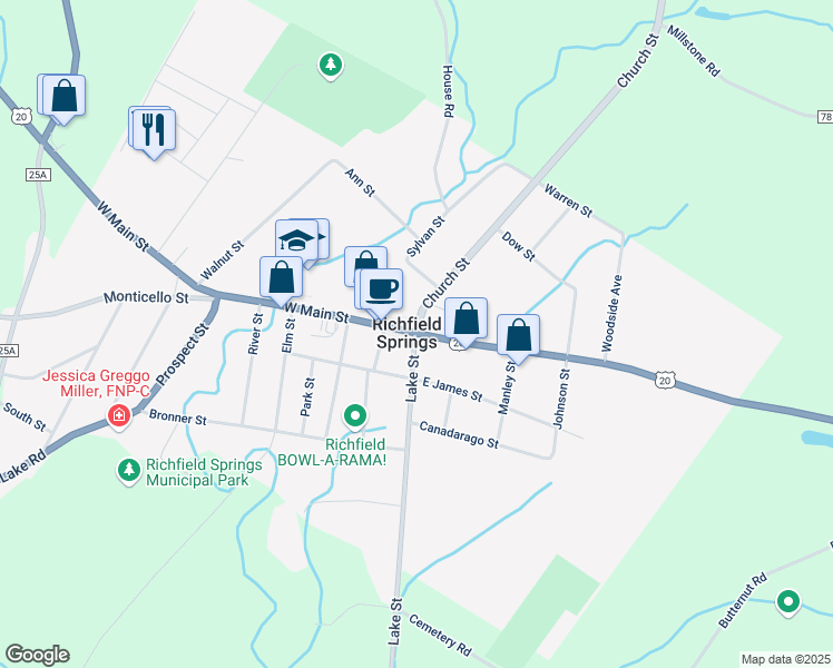 map of restaurants, bars, coffee shops, grocery stores, and more near 12 East Main Street in Richfield Springs