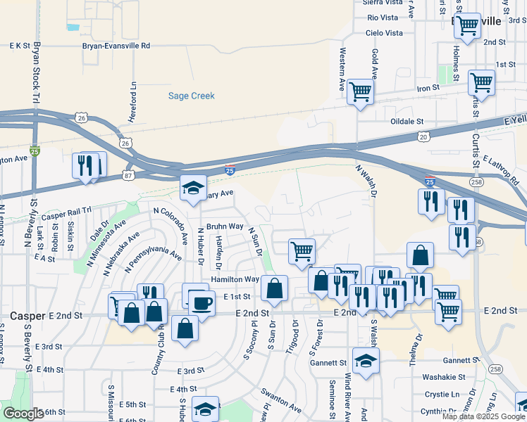 map of restaurants, bars, coffee shops, grocery stores, and more near 3300 Provence Court in Casper