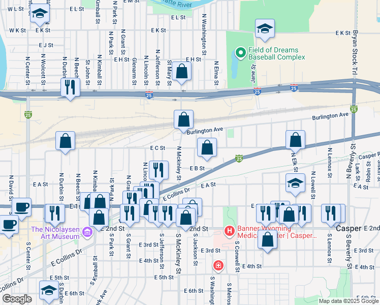 map of restaurants, bars, coffee shops, grocery stores, and more near 361 North Jackson Street in Casper