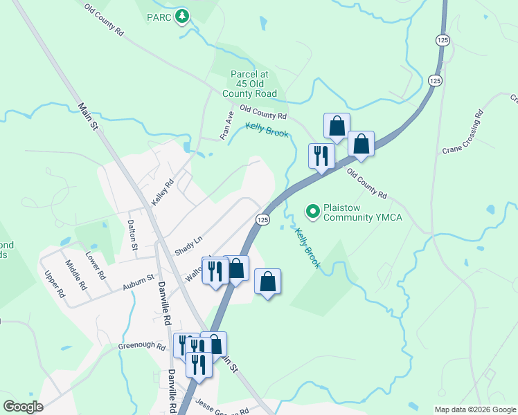 map of restaurants, bars, coffee shops, grocery stores, and more near 19 Shady Lane in Plaistow