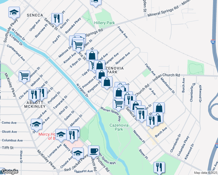 map of restaurants, bars, coffee shops, grocery stores, and more near 2178 Seneca Street in Buffalo