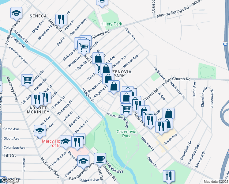 map of restaurants, bars, coffee shops, grocery stores, and more near 2178 Seneca Street in Buffalo