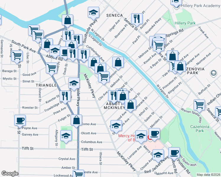 map of restaurants, bars, coffee shops, grocery stores, and more near 1 Melrose Street in Buffalo