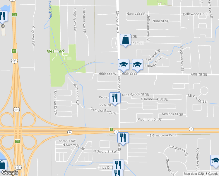 map of restaurants, bars, coffee shops, grocery stores, and more near 65 Hyacinth Street Southwest in Grand Rapids