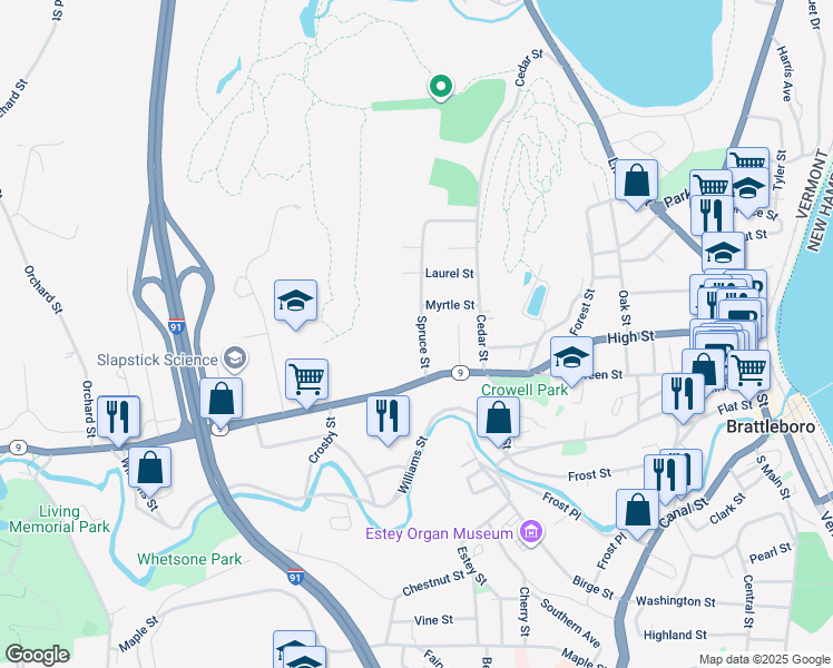 map of restaurants, bars, coffee shops, grocery stores, and more near 48 Spruce Street in Brattleboro