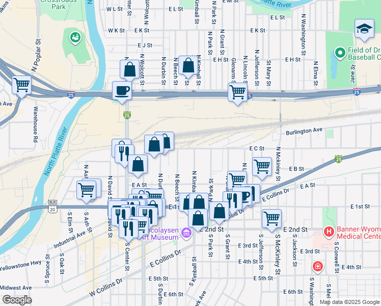 map of restaurants, bars, coffee shops, grocery stores, and more near 401-499 E C St in Casper
