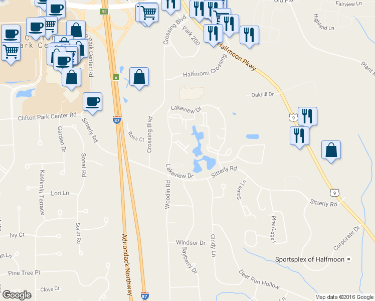 map of restaurants, bars, coffee shops, grocery stores, and more near 26 Coachman Square in Saratoga County