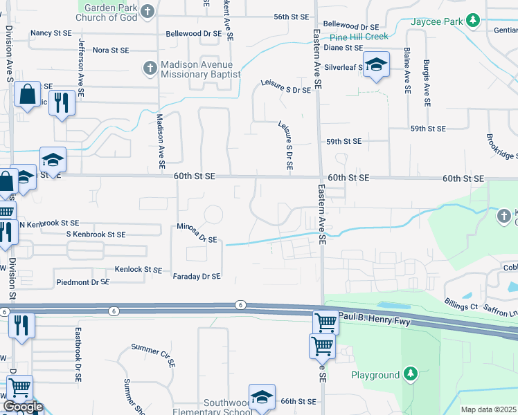 map of restaurants, bars, coffee shops, grocery stores, and more near 6068 Woodfield Drive Southeast in Grand Rapids