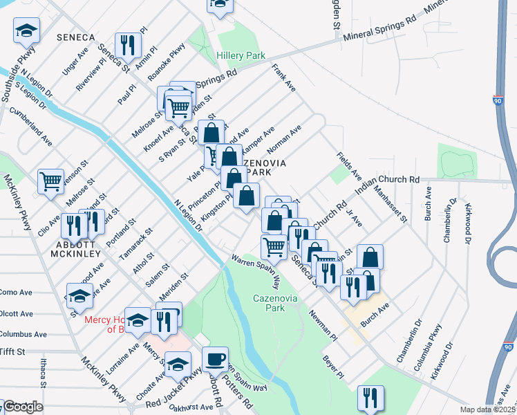 map of restaurants, bars, coffee shops, grocery stores, and more near 2178 Seneca Street in Buffalo