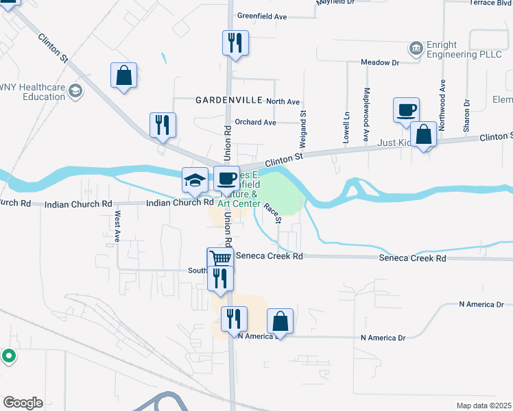 map of restaurants, bars, coffee shops, grocery stores, and more near 47 Race Street in West Seneca