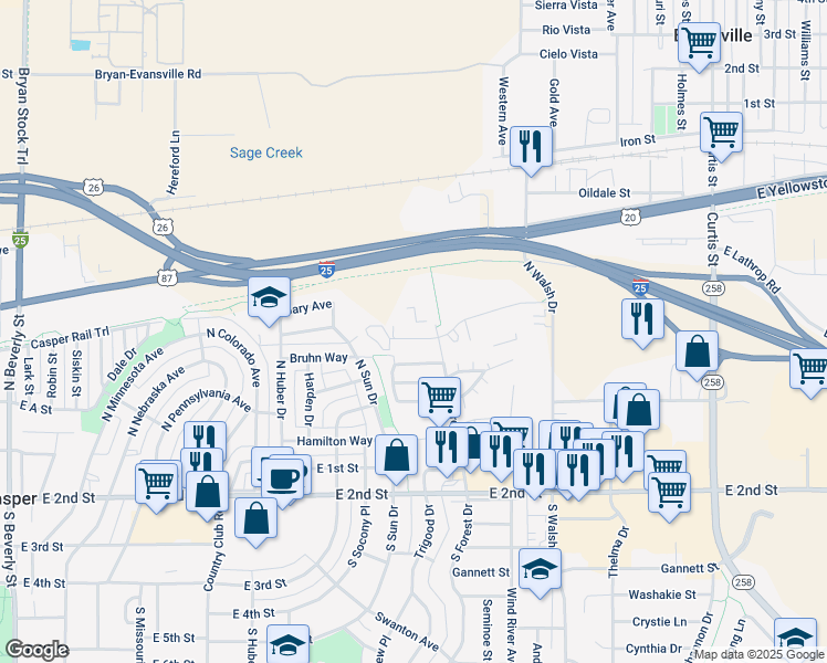 map of restaurants, bars, coffee shops, grocery stores, and more near 3400 Provence Court in Casper