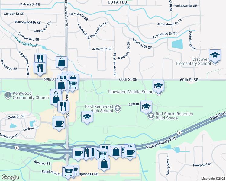 map of restaurants, bars, coffee shops, grocery stores, and more near 6060 Campus Park Drive Southeast in Grand Rapids