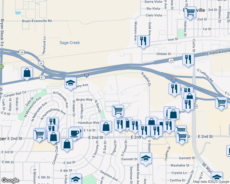 map of restaurants, bars, coffee shops, grocery stores, and more near 3400 Provence Court in Casper