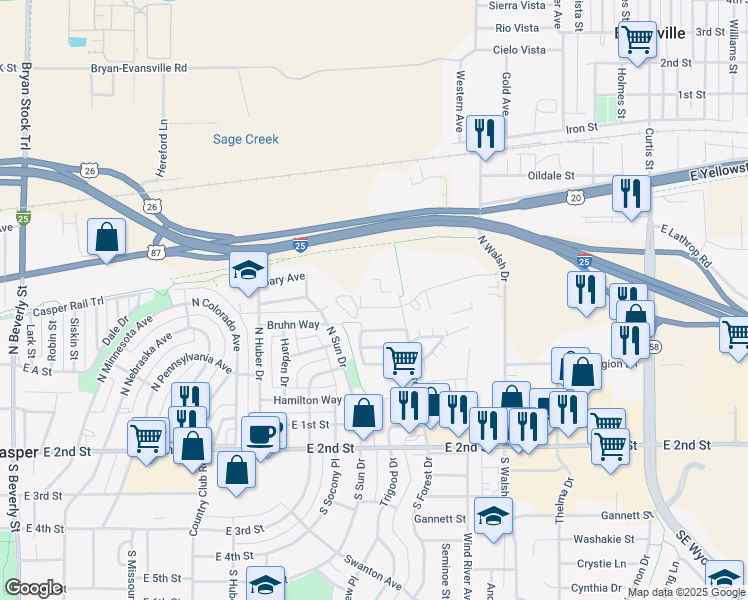 map of restaurants, bars, coffee shops, grocery stores, and more near 3400 Provence Court in Casper