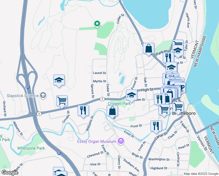 map of restaurants, bars, coffee shops, grocery stores, and more near 41 Cedar Street in Brattleboro