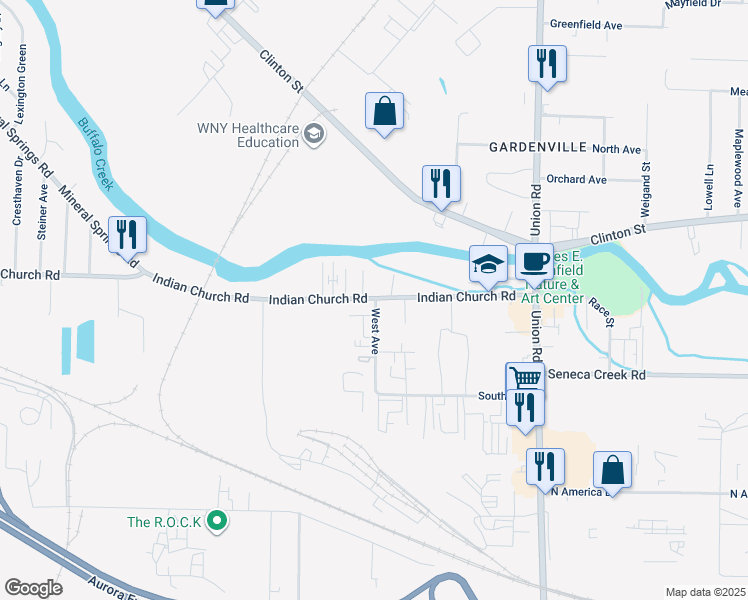map of restaurants, bars, coffee shops, grocery stores, and more near 1178 Indian Church Road in Buffalo