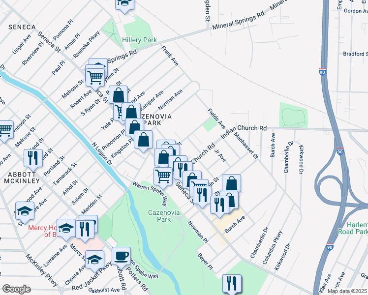 map of restaurants, bars, coffee shops, grocery stores, and more near 69 Buffum Street in Buffalo