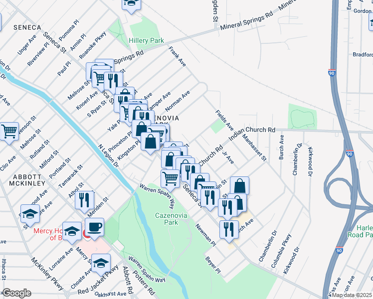 map of restaurants, bars, coffee shops, grocery stores, and more near 69 Buffum Street in Buffalo