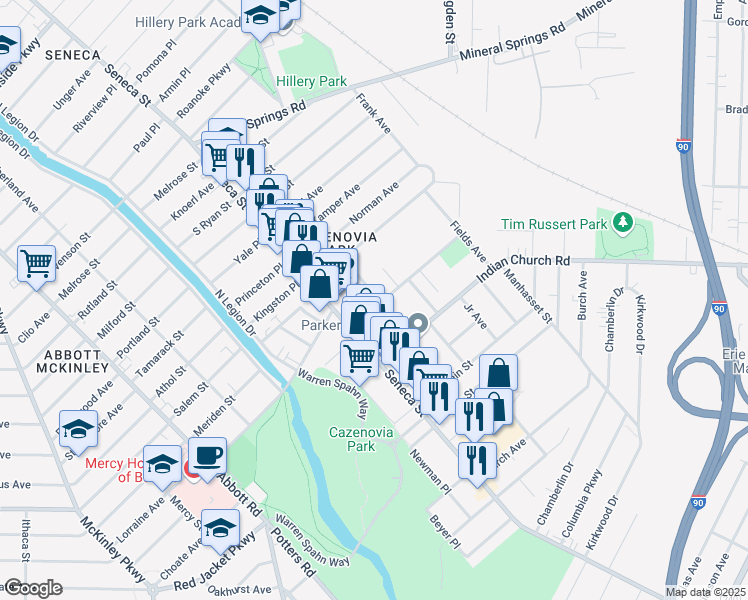 map of restaurants, bars, coffee shops, grocery stores, and more near 42 Buffum Street in Buffalo
