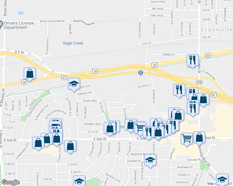 map of restaurants, bars, coffee shops, grocery stores, and more near 3410 Provence Court in Casper
