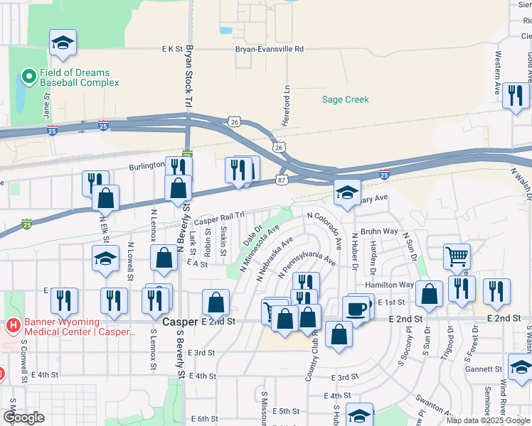 map of restaurants, bars, coffee shops, grocery stores, and more near 2462 Dale Drive in Casper