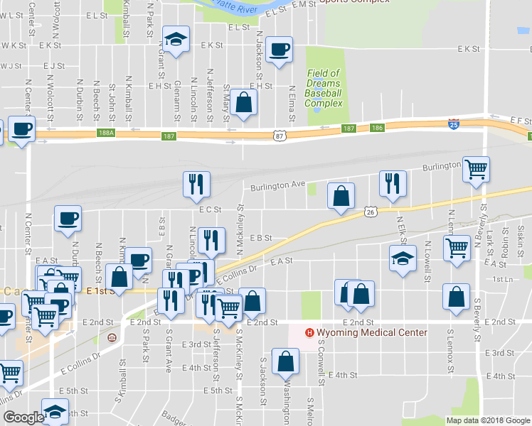 map of restaurants, bars, coffee shops, grocery stores, and more near 361 North Jackson Street in Casper