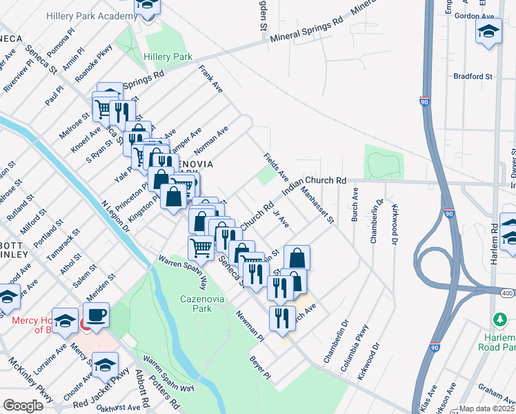 map of restaurants, bars, coffee shops, grocery stores, and more near 100 Indian Church Road in Buffalo