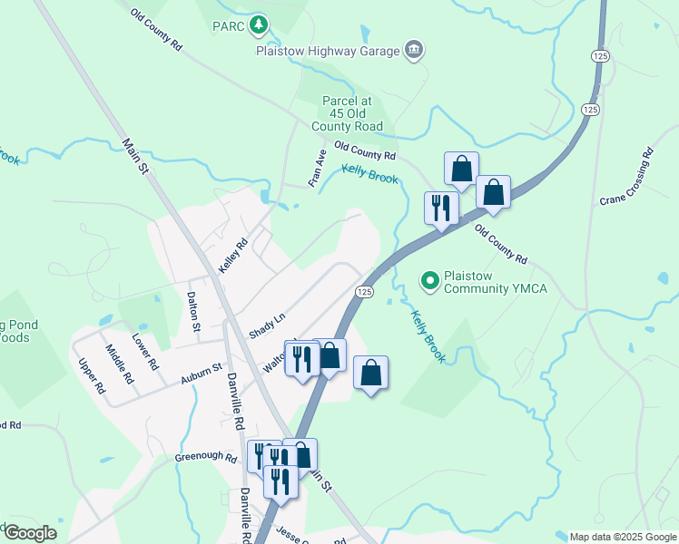 map of restaurants, bars, coffee shops, grocery stores, and more near 19 Shady Lane in Plaistow