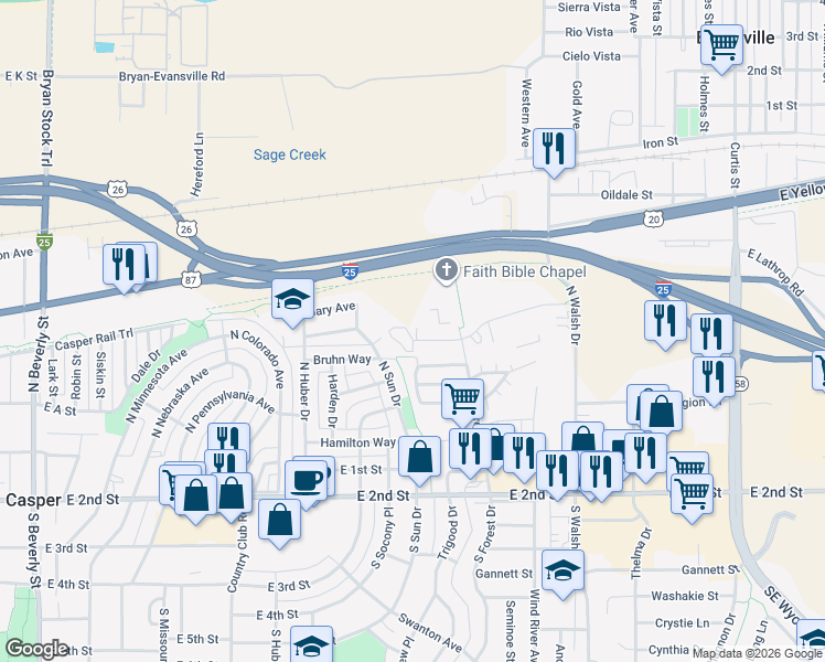 map of restaurants, bars, coffee shops, grocery stores, and more near 3300 Provence Court in Casper