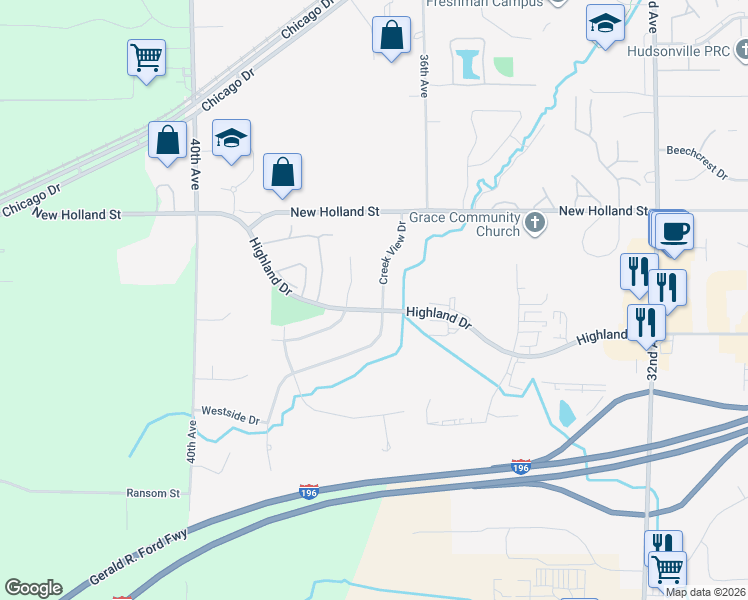 map of restaurants, bars, coffee shops, grocery stores, and more near 4575 Creek View Drive in Hudsonville